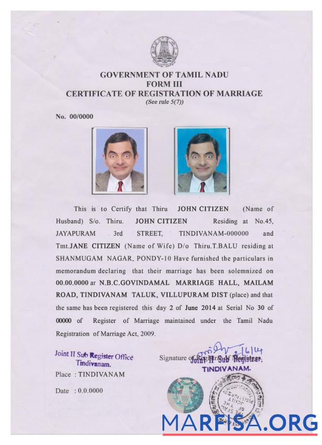 Blank INDIA (TAMIL NADU) marriage certificate real example